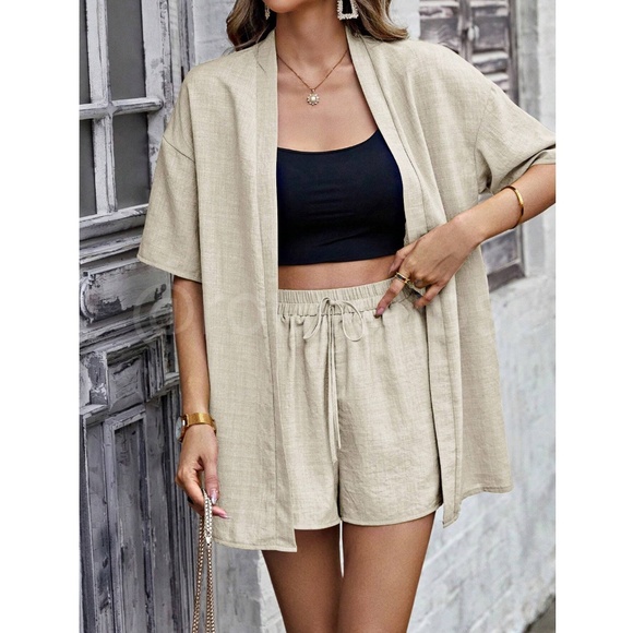 2 Piece Set: Beige / Khaki Kimono Shirt and Shorts - Picture 2 of 6